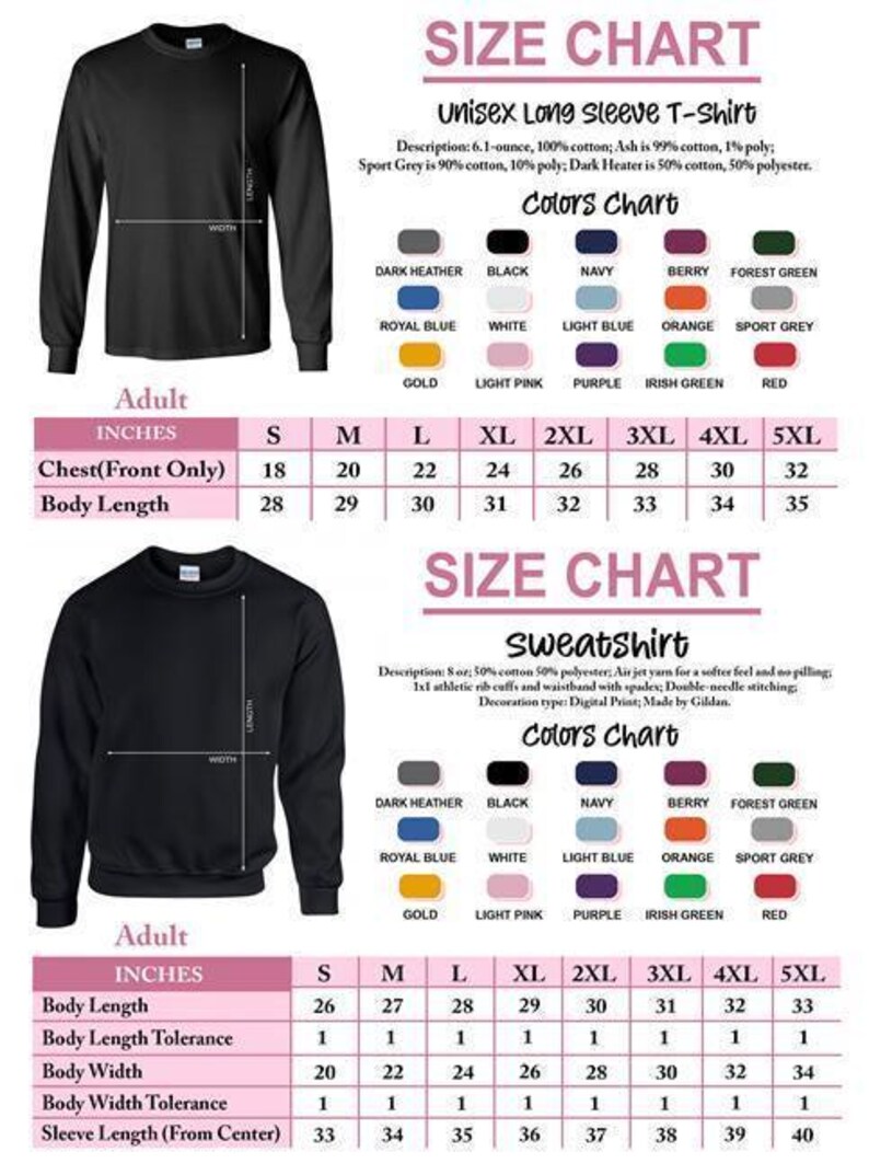 a size chart for a black long sleeve t-shirt, including color charts and measurements for different sizes.