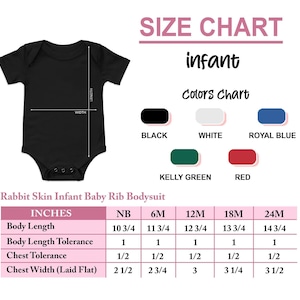 The image is a size chart for an infant's body suit, including measurements and color options.