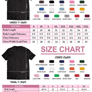 a size chart for a black t-shirt, providing measurements and color options for different sizes. The chart includes details such as body length, chest tolerance, and sleeve length, as well as color charts for various shirt styles.