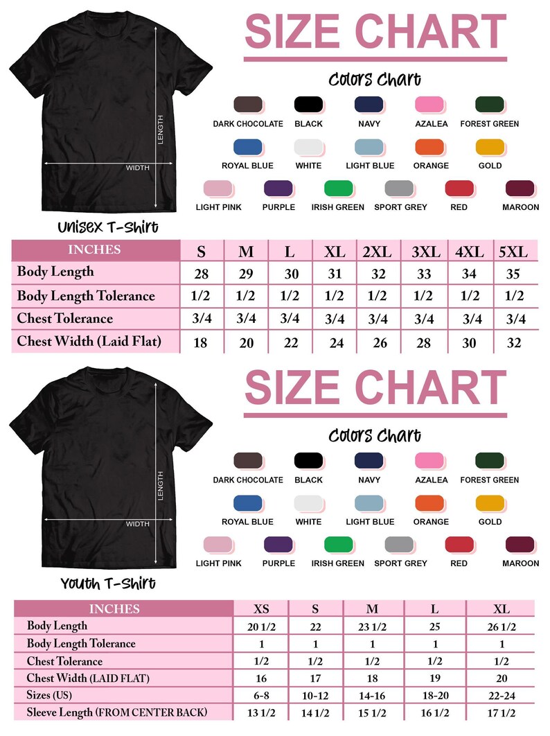 a size chart for a black t-shirt, providing measurements and color options for different sizes. The chart includes details such as body length, chest tolerance, and sleeve length, as well as color charts for various shirt styles.