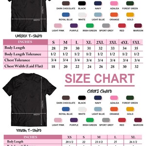 a size chart for a black t-shirt, providing measurements and color options for different sizes. The chart includes details such as body length, chest tolerance, and sleeve length, as well as color charts for various shirt styles.