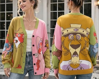 Disneyland Robin Hood Cardigan, Prince John Robin Hood cardigan, Retro Cartoon Wool Cardigan, Gift Disneyland Lover, Vintage 90s Cardigan