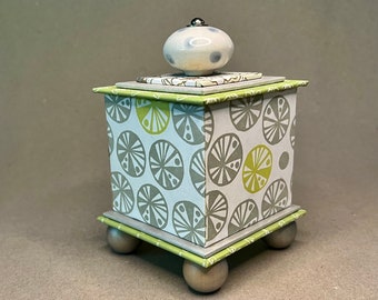 Tall Gift or Treasure Box in Green, White and Grey