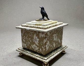 Gothic Crow Box in Gold, Cream and Beige for Gifts or Treasures