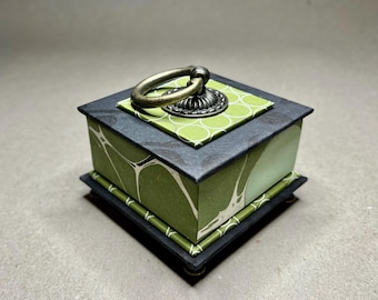 Square Green and Black Gift or Treasure Box with Antiqued Brass Handle