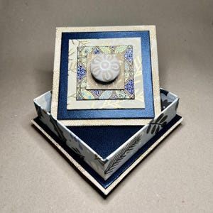 May include: Square decorative box with a navy blue lid and a floral patterned interior. The lid features a layered design with a cream-colored knob. The box is open, revealing the interior.