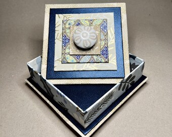 Square Blue Cream White Gift Box, Porcelain Knob, Antiqued Brass Feet