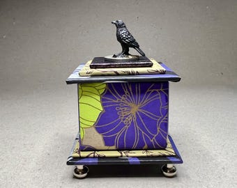 Small Crow Keepsake Box in Shades of Black, Purple and Green