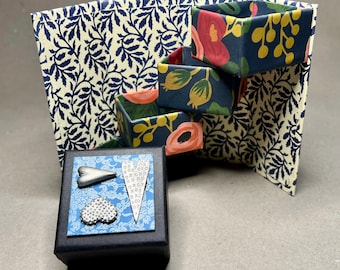 Folding Blue Gift Box with Three Pewter Hearts
