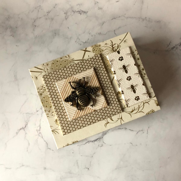 Ivory and Cream Gift or Treasure Box with Big Brass Bee