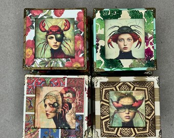 Petites boîtes-cadeaux ou coffrets à trésor représentant des femmes avec un couvre-chef original en forme de crustacé