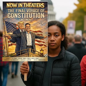 May include: A person holds a movie poster that reads "NOW IN THEATERS THE FINAL VOYAGE OF CONSTITUTION TWO MEN." The poster features illustrations of two men with the American flag in the background. The person is in a crowd of people.