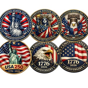 Op de afbeelding: Zes ronde herdenkingsmunten met patriottische ontwerpen. De munten tonen het Vrijheidsbeeld, een adelaar en de Liberty Bell, met de tekst "United States 250" en "1776-2026" op elke munt. De munten zijn in rood, wit, blauw en goud.
