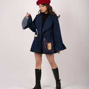 Handmade Painted Denim Jacket | Beaded Flared Coat, Size M