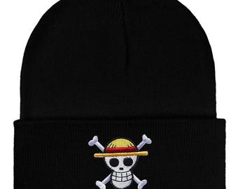 One Piece Straw Hat Logo Beanie | Luffy Anime Embroidered Knit Hat | Manga Skull Cap | Unisex Winter Streetwear Beanie | Anime Gift