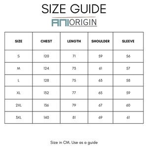 May include: A size guide chart with the text "SIZE GUIDE" and the brand name "ANIORIGIN". The chart displays chest, length, shoulder, and sleeve measurements in centimeters for sizes S to 3XL. The text "Size in CM. Use as a guide" is at the bottom.