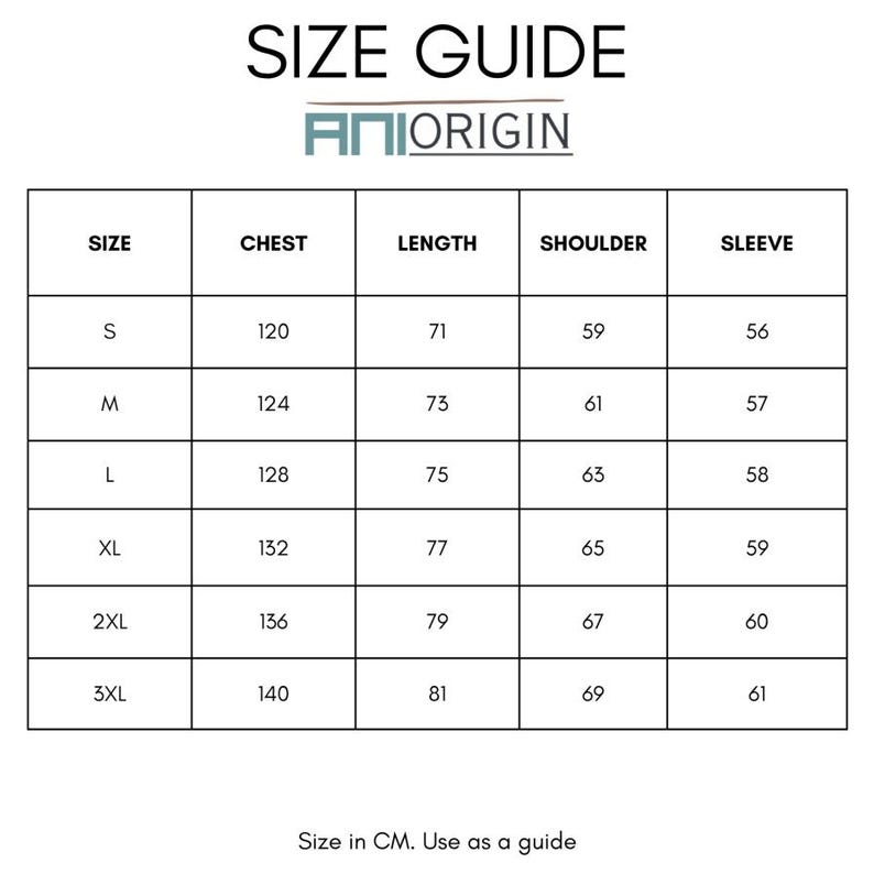May include: A size guide chart with the text "SIZE GUIDE" and the brand name "ANIORIGIN". The chart displays chest, length, shoulder, and sleeve measurements in centimeters for sizes S to 3XL. The text "Size in CM. Use as a guide" is at the bottom.
