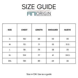 May include: A white size guide chart with black text. The chart includes measurements for chest, length, shoulder, and sleeve in centimetres. The text "SIZE GUIDE" and the brand name "ANIORIGIN" are at the top.