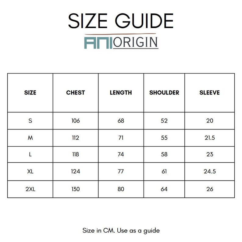 May include: A white size guide chart with black text. The chart includes measurements for chest, length, shoulder, and sleeve in centimetres. The text "SIZE GUIDE" and the brand name "ANIORIGIN" are at the top.