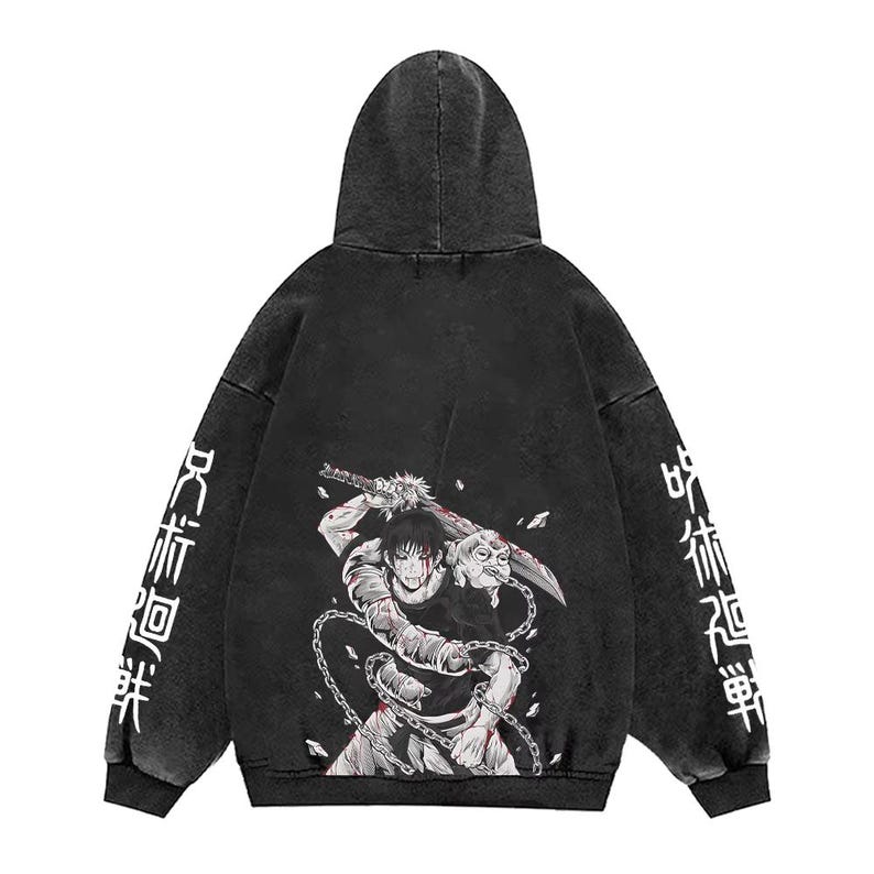 May include: A black hooded sweatshirt with a worn effect. The back displays a manga character with a sword, chains, and blood details. White Japanese text is printed on the sleeves.