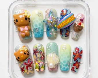 Handmade Summer Beach Press On Nails, Kawaii Cat, Hawaii, 3D Starfish Shell Vacation Set