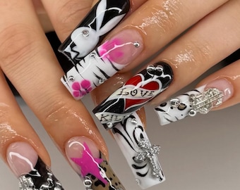 Ed Hardy Style Press On Nails, McBling Playboy Nails, Hand Painted Tattoo Nails, Y2K Glam Statement Nails, Bold Graphic Nail Art