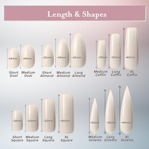 May include: Image showing various nail shapes and lengths, including oval, almond, coffin, square, and stiletto. Measurements are provided in millimeters, with lengths ranging from approximately 18mm to 40mm. The text "Length & Shapes" is at the top.