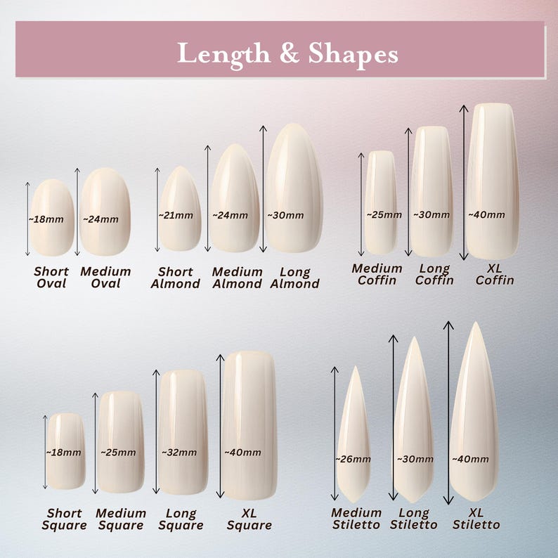May include: Image showing various nail shapes and lengths, including oval, almond, coffin, square, and stiletto. Measurements are provided in millimeters, with lengths ranging from approximately 18mm to 40mm. The text "Length & Shapes" is at the top.