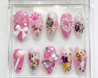 Presse Kitty rose fait main sur les ongles, breloque noeud 3D, art kawaii scintillant
