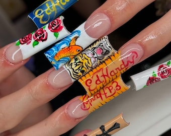 Ed Hardy Press On Nails, Tattoo Style Nails, Y2K Graphic Nails, Tiger Rose Script Nails, Bold Statement Press Ons