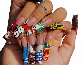 NASCAR Press On Nails, Racing Tips Nails, Motorsport Inspired Nails, Speed Graphic Nails, Statement Racing Nails