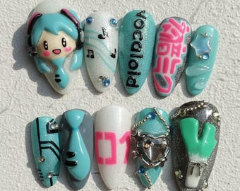 Kawaii Vocaloid Press On Nails, 3D Anime Idol, Teal Music Theme