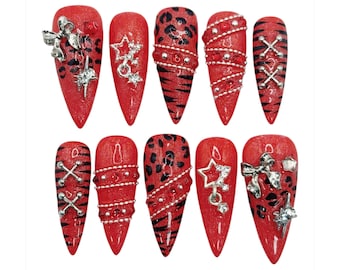 Handmade Red Leopard Rhinestone Punk Press On Nails, Edgy Glam Statement Set