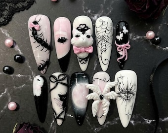 Creepy Cute Press On Nails, Gothic Kawaii Nail Art, Black Pink Spider Web Manicure, Handmade Alternative Nails