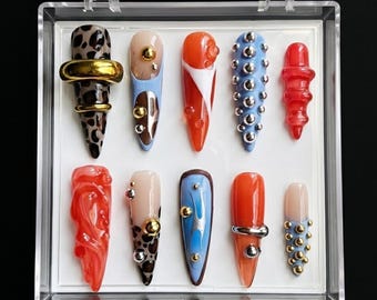 Retro poppers op nagels, kleurbloknagels, luipaardaccentnagels, 3D-nagelstatementnagels, handgemaakte abstracte nailart