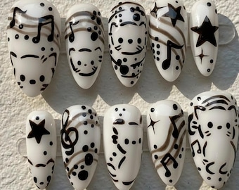Black White Press On Nails, Music Note Nails, Cute Cat Face Nails, Minimal Graphic Nails, Aesthetic Monochrome Nail Set
