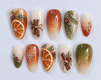Dried Orange Christmas Press On Nails | Long Almond Cinnamon Pine Nails | Rustic Orange Green Winter Holiday Nail Set