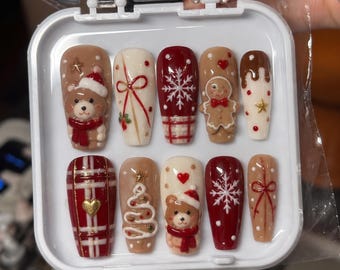Christmas Teddy Bear Press On Nails | 3D Gingerbread Snowflake Nail Art | Medium Coffin Burgundy Holiday Nails