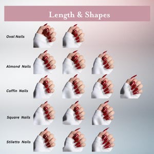 May include: An image showcasing various nail shapes: oval, almond, coffin, square, and stiletto. Each shape is demonstrated with a set of red-painted nails. The text "Length & Shapes" is displayed at the top, providing context for the nail style options.