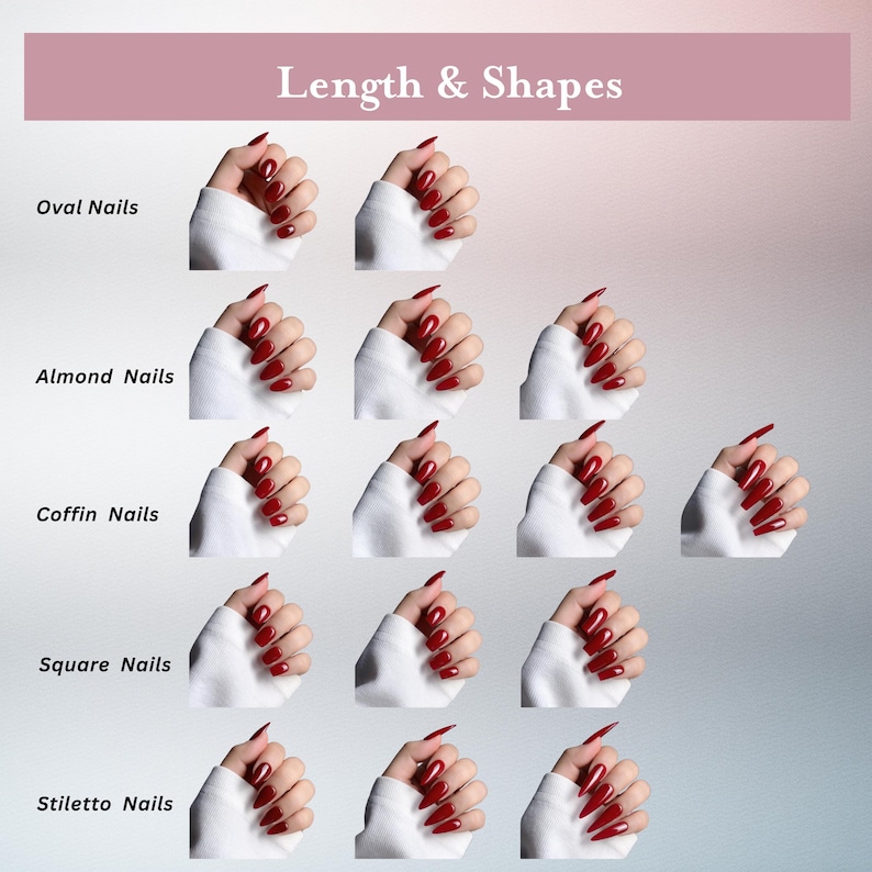 May include: An image showcasing various nail shapes: oval, almond, coffin, square, and stiletto. Each shape is demonstrated with a set of red-painted nails. The text "Length & Shapes" is displayed at the top, providing context for the nail style options.