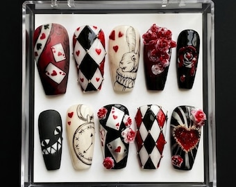 Paznokcie prasowane Gothic Wonderland, zdobienie paznokci Queen of Hearts, paznokcie Alice Harlequin, ręcznie robiony zestaw do naprasowywania 3D Rose Heart