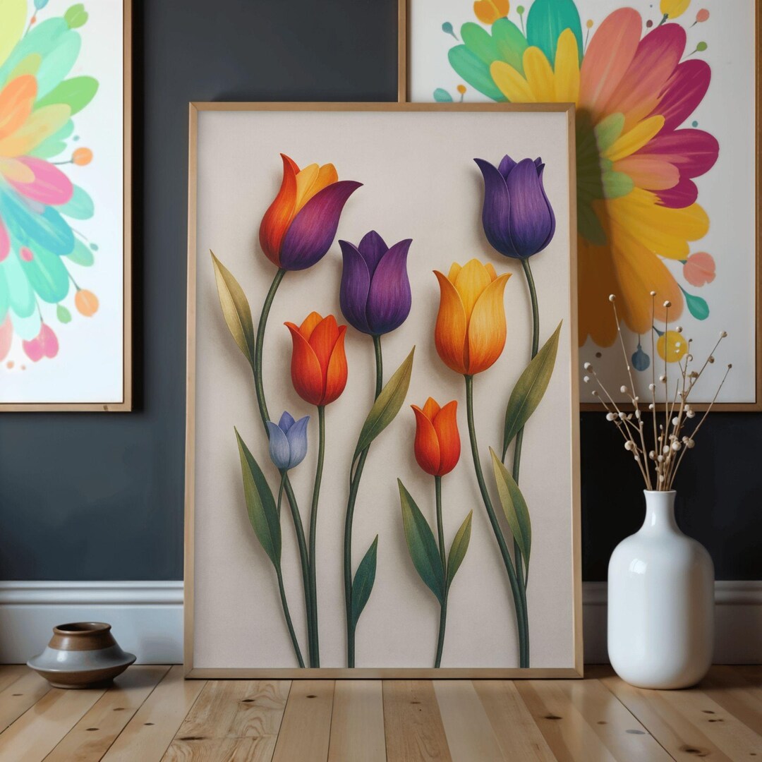 Colorful Tulip Wall Art Print – Modern Floral Botanical Artwork for ...