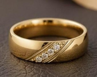 Men’s Gold Band with Round Moissanite Accents, 14K Solid Gold Ring, Minimalist Wedding Band, Promise Ring, Art Deco Unisex Jewelry Gift