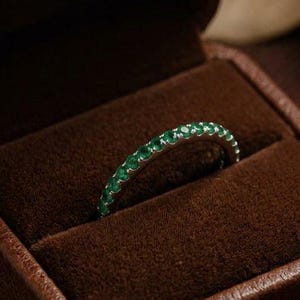 Dainty Emerald Half Eternity Wedding Ring, Prong Set May Birthstone Stackable Band