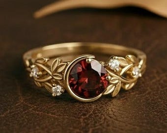 Granat Halbmond Blatt Ring, Vintage Gold Band mit Diamant Granat Hochzeit Ring zierlicher Januar Geburtsstein Ring 14K Solid Gelbgold Ring
