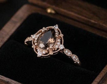 Anillo vintage de cuarzo ahumado en forma de pera, delicado oro de 14 quilates, con detalles de moissanita.
