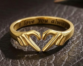 14k Yellow gold Engraved Personalized Love Hug Ring, Valentine Gift Ring, Couple Lover Ring, Cute Gift, Adjustable Minimalist Promise Ring