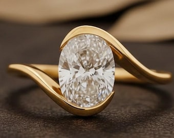2CT Oval Bypass Moissanite Engagement Ring in 14k Yellow Gold | Moissanite Oval Cut Solitaire Ring For Women And Girls