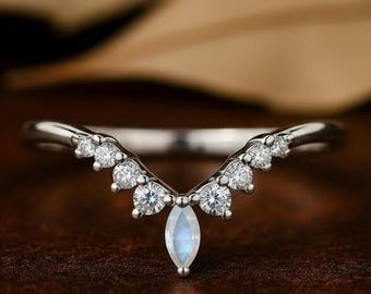 Marquise Moonstone Wedding Band Women Unique Marquise Chevron Ring Dainty Custom Fit Band Moissanite Ring Rose Gold Diamond Ring