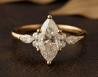 Anillo de compromiso vintage con moissanita talla marquesa, anillo de boda de diamantes para mujer con piedra lateral, delicado anillo de promesa de diamantes en oro macizo de 14k.